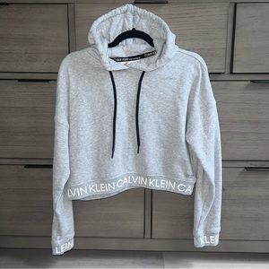 Calvin Klein Cropped Fleece Pullover Sweatshirt Grey Size M with Drawstrings